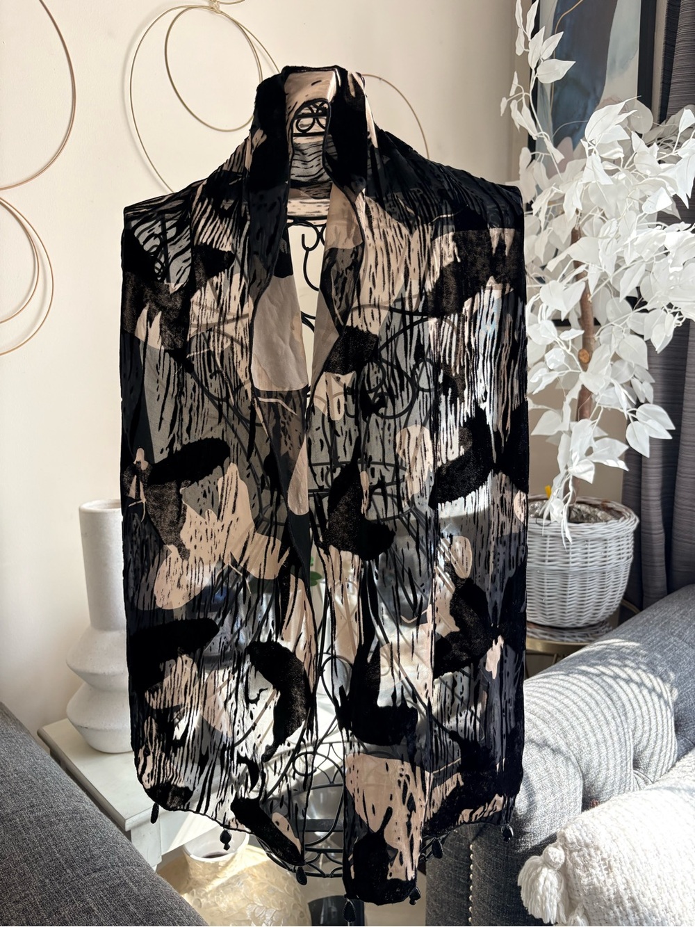 Black Beige Sheer Beaded Burnout Scarf 13 x 60